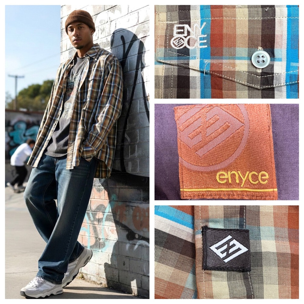 Vintage Enyce Plaid Button Down Shirt Men XXL‎ Brown Blue Y2K Streetwear Grunge